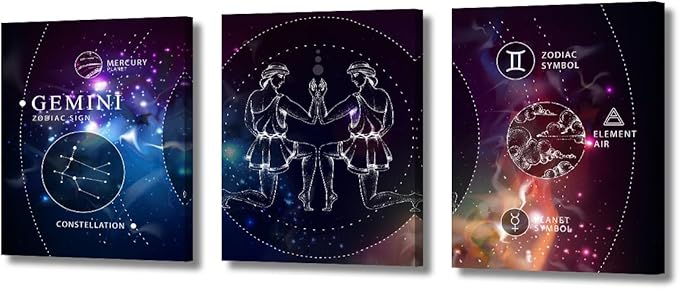 3 Pieces Gemini Zodiac Sign Canvas Wall Art Magic Witchcraft Card with Astrology Wall Art for Living Room Zodiac Sign Wall Decor Modern Artwork Stretched and Framed Ready to Hang (36''W x 16''H)