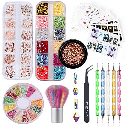 36pcs Nail Art Set, Metal Ornament Nail Sequins Nail Water Sticker Caviar Beads Fruit Fimo Nail Rhinestones Nail Dotting Pens Cleaning Brush Tweezer