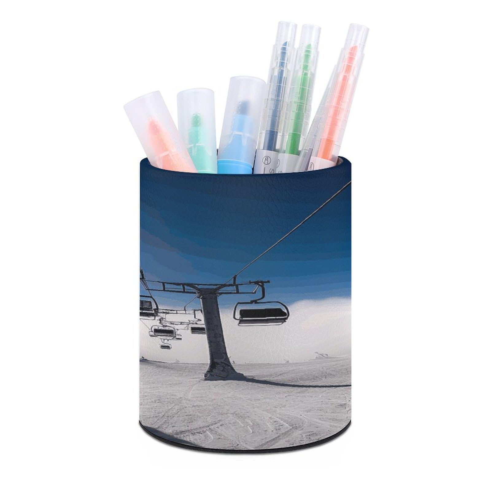 FekiLoot Ski Lift at Sunshine Pen Holder Cup Fashion PU Leather Pencil Cup Minimalist Pen Organizer Round Pencil Holder Stand Work Locker Accessories for Decoration Desk Office Home