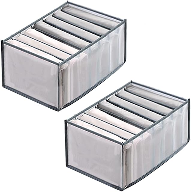 2 Pieces of Jeans Storage Organizer, 7 Compartment Storage Box Foldable Drawer Storage Box, Clothing Divider Bag, Home Wardrobe Jeans Storage Organizer for Jeans, T-shirts, Shirts. (Grey)