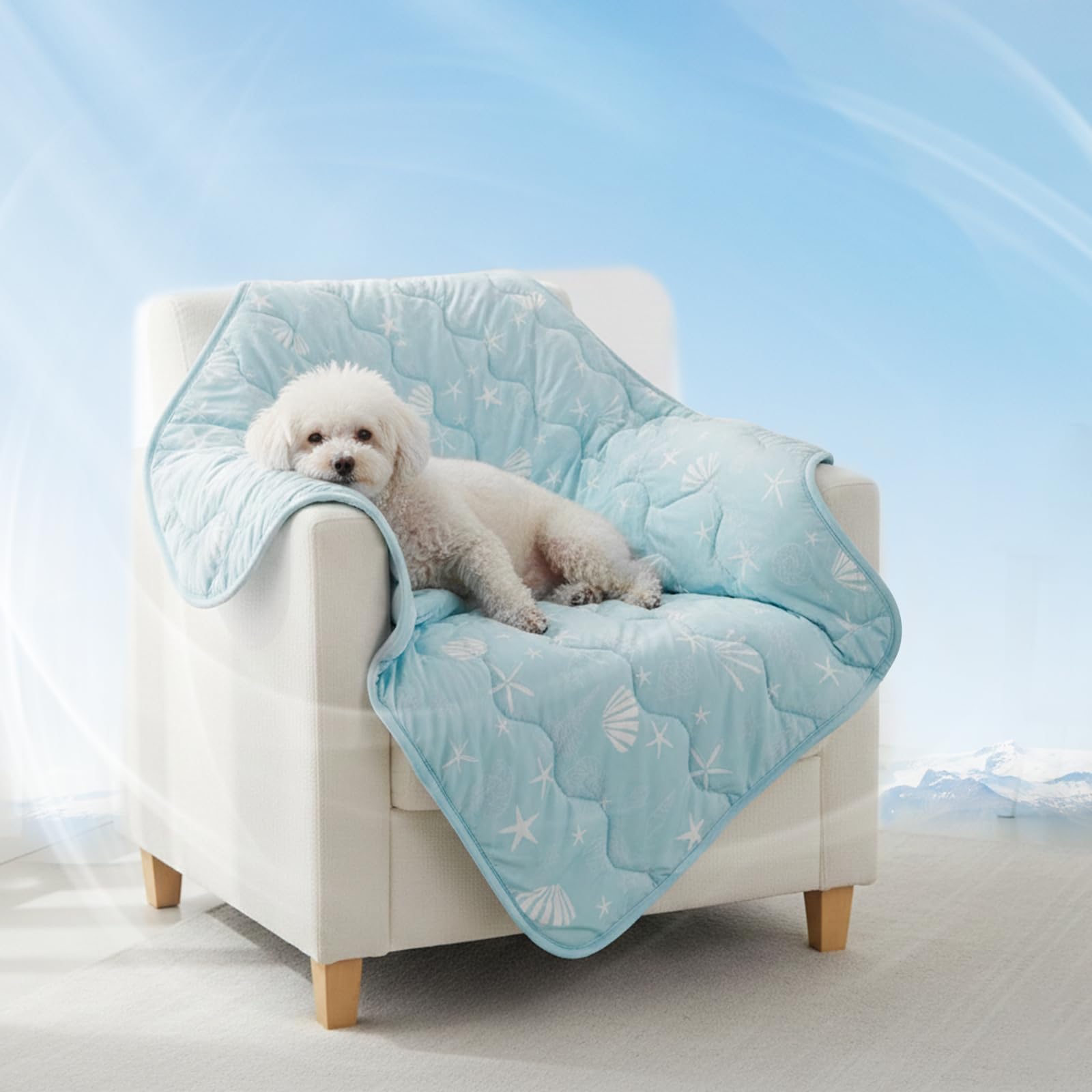 NWK Dog Cooling Blanket, Q-Max>0.345, Ice Silk Cool to Touch Material, Reversible Breathable Bed Cover, Furniture Protector Couch Sofa for Summer, Machine Washable (Ocean Blue,75CM*100CM)