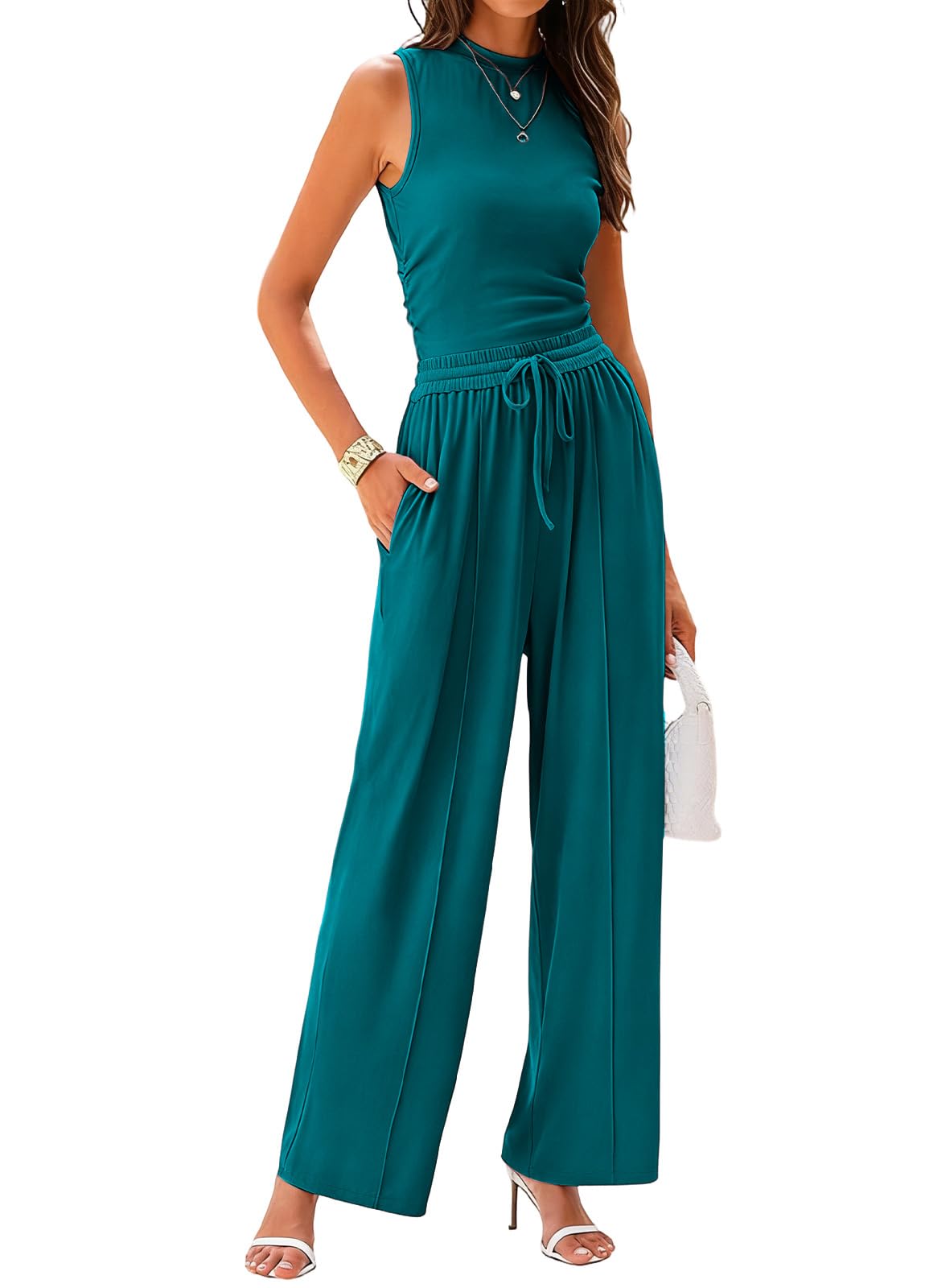 Rayson Ensemble Femme Ete 2 Pièces Décontracté Top Débardeur Sans Manches et Pantalon Large à Taille Haute Poches Ensemble Cordon De Serrage Élégance