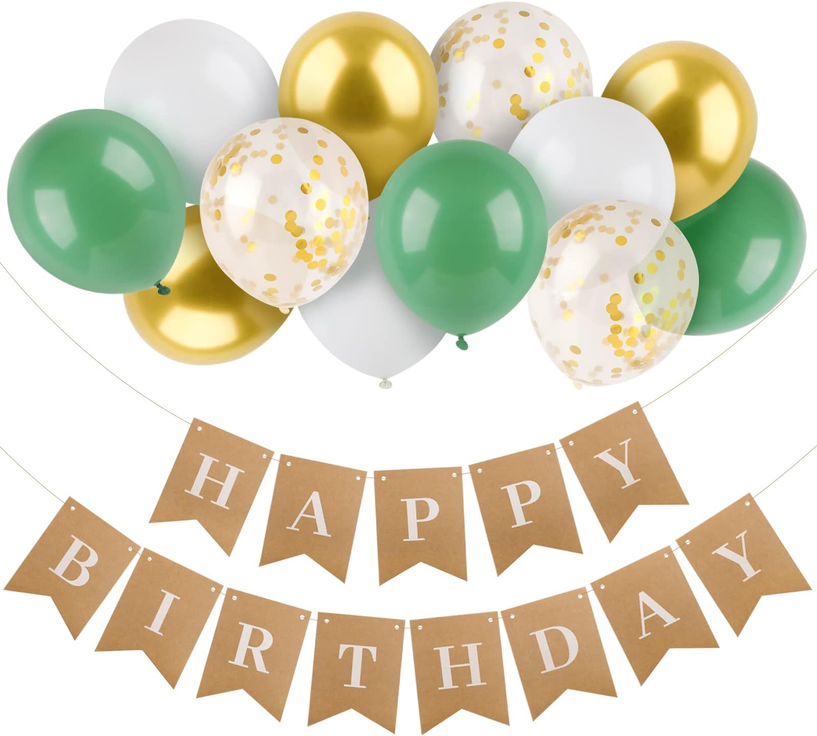 COLOFALLA 13pcs Happy Birthday Banner Birthday Bunting with Balloons Sage Green Gold Birthday Decorations Confetti Balloons with Ribbon for Birthday Party Decorations Garden