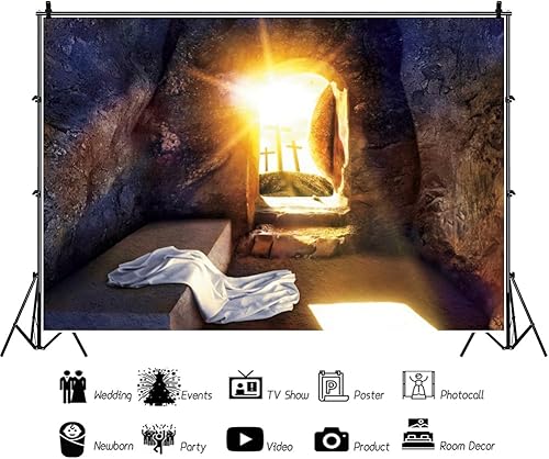 Miniatura 6 de Leowefowa Telón de fondo de resurrección de Jesús de tela suave y duradera, 10 x 8 pies, salida del sol, cruz santa, fondo vacío de la tumba de