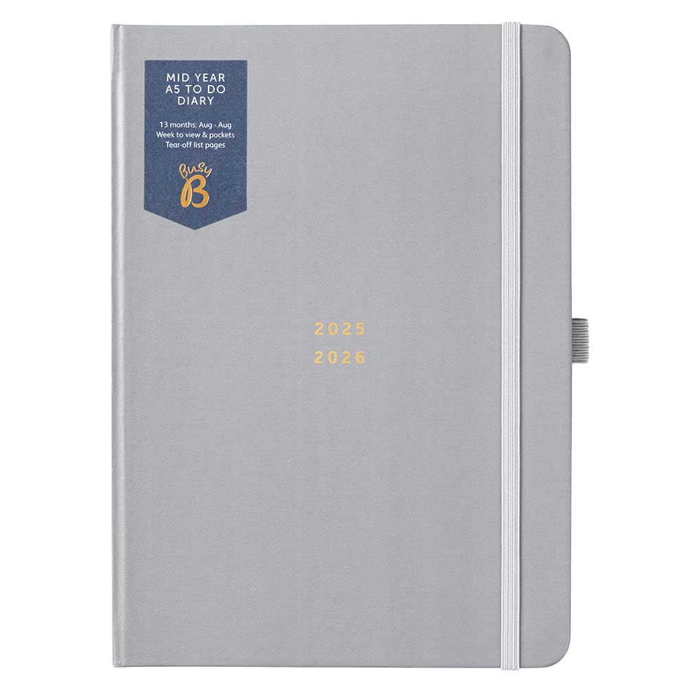 Busy B A5 Diary, Mid-Year Academic Planner, Aug '25, Aug '26, Grey Journal Cover, Weekly Planner with To-Do Lists