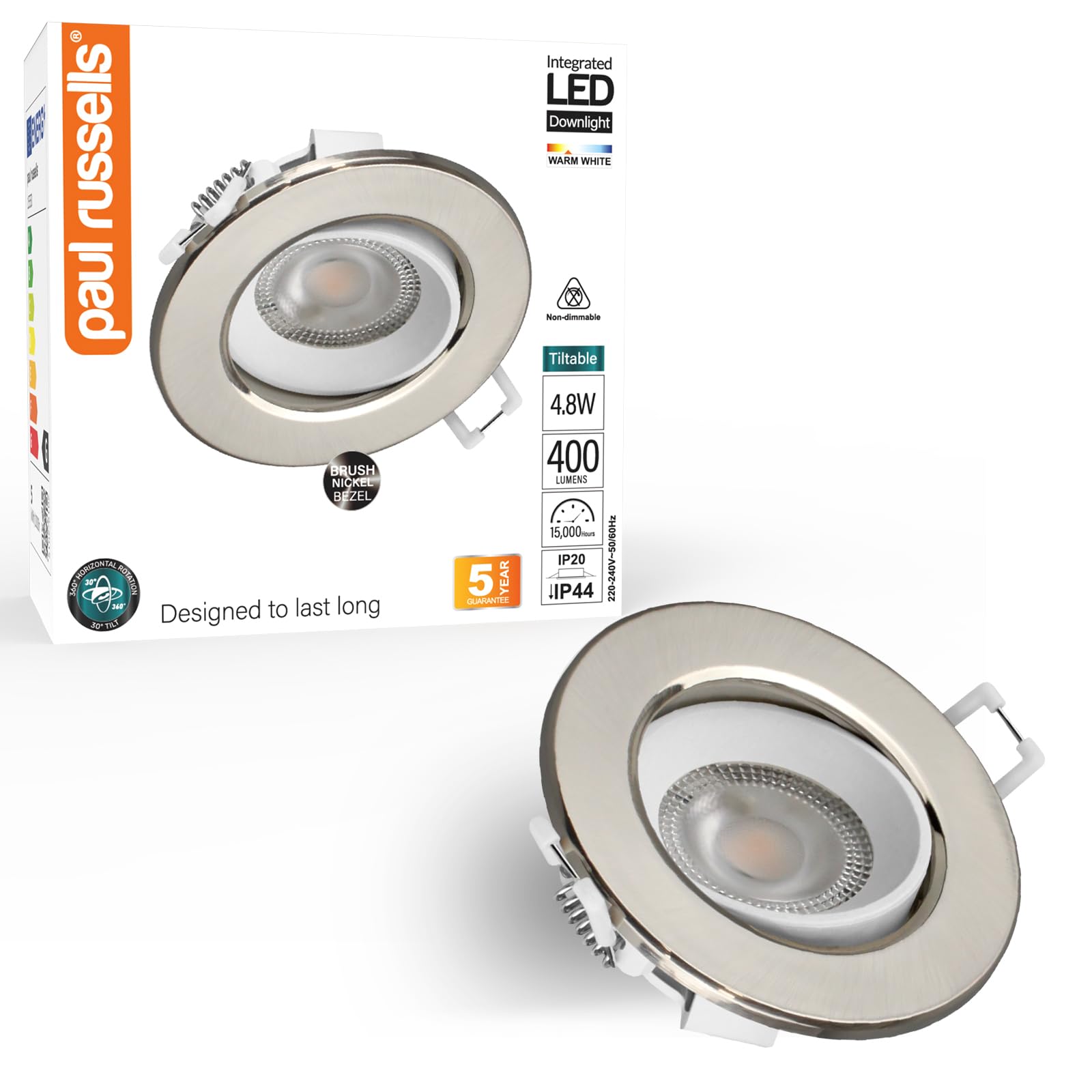 Paul Russells Warm White Led Recessed Ceiling Downlight, 3000K 4.8W 400Lm Cutout 68-74Mm Round Brush Nickel, Ip44, Adjustable Tilt (Not Dimmable) 38° Spotlight For Kitchen, Bathroom, Bedroom, Hallways - 1 Pack