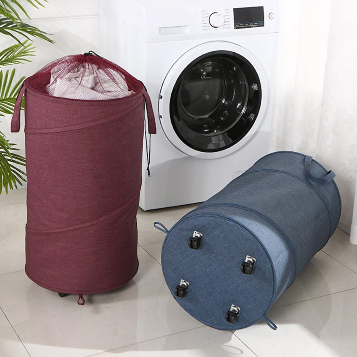 Mipcase Rolling Laundry Basket Large Oxford Cloth Foldable Laundry Hamper with Wheels 38x68cm for Home and Bathroom Storage
