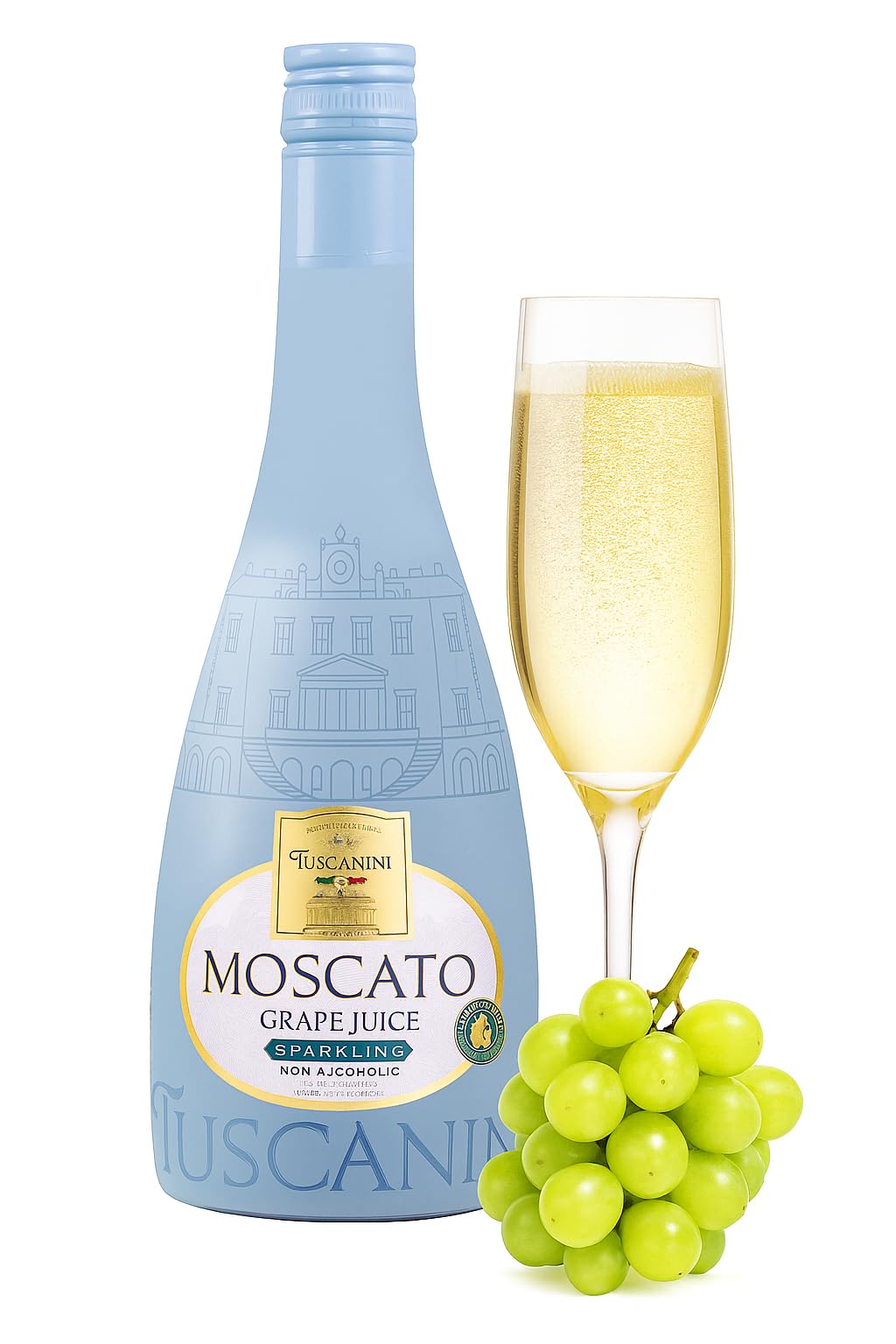 Tuscanini Sparkling Moscato Grape Juice - Non Alcoholic Sparkling Juice | Bright, Sweet, Aromas Of Pears, Juicy Ripe Peaches | Elegant Champagne Bottle | Great for Cocktails