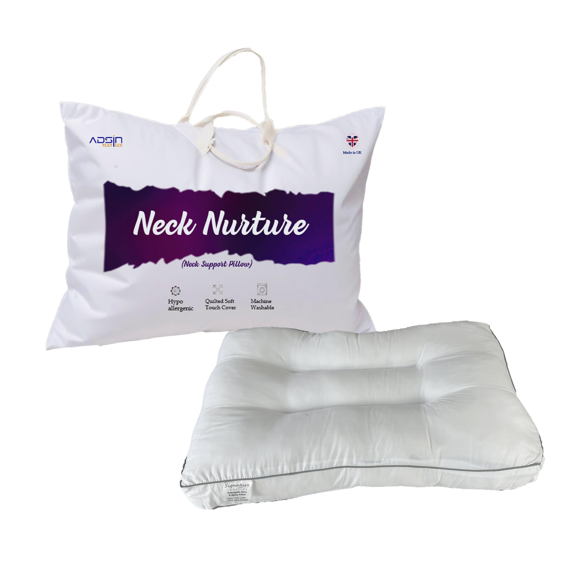 Adsin White Ergonomic Neck-Spine Support Pillow (Pack-1) Cervical & Orthopedic Pillow For Pain Relief, Side Sleeper For Neck & Shoulder Pain, Better Sleep And Spinal Alignment, Side Back Stomach Sleeper