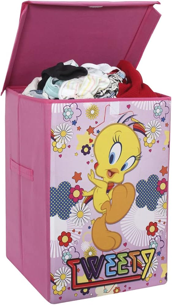 PrettyKrafts 75 L Non Woven Tweety Rectangular Foldable Large Laundry Bag/Basket With Lid & Handles, Freestanding Clothes Storage Organizer for Bedroom (36x36x53cm, Pink, Set of 1)
