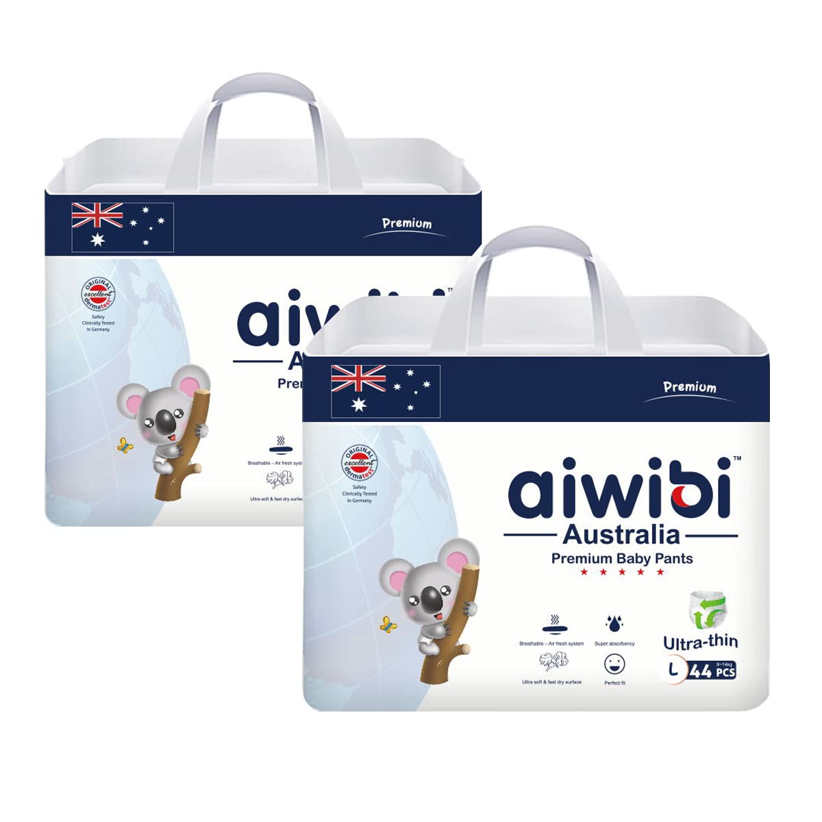 aiwibiPremium Baby Pants Diapers, Soft, Eco-Friendly Ultra-Thin Pant Diaper 2Pack, Size L 9-14Kg, 88 Counts