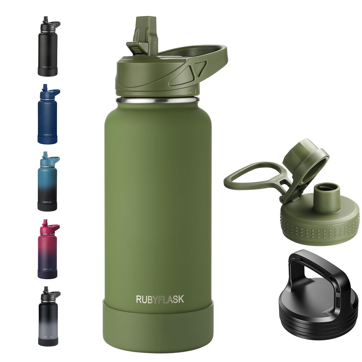 32oz Insulated Water Bottle with Straw, Stainless Steel Metal Vacuum Water Flask, Large Thermal Water bottle with Leakproof 3 Lids for Travel, Camping, Gym Sports Armygreen