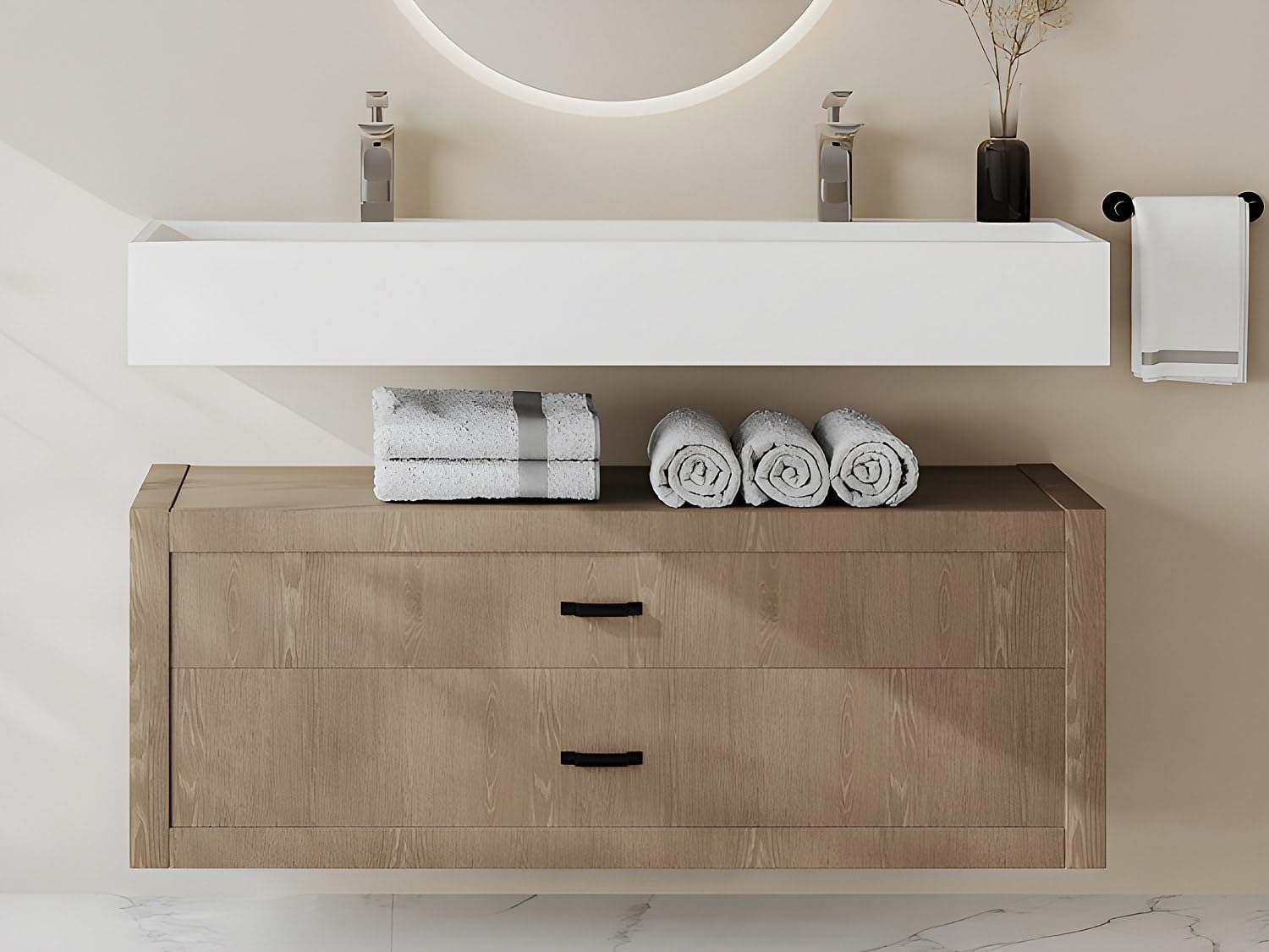 Vente-unique - Lavabo suspendido Yamdrok - L 120cm x A 40cm x H 15cm - superficie sólida - blanco