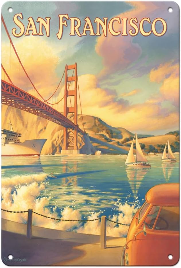 Pacifica Island ArtSan Francisco California - Golden Gate Bridge - Marin Headlands - Vintage Travel Poster by Kerne Erickson - 8 x 12 inch Vintage Metal Tin Sign