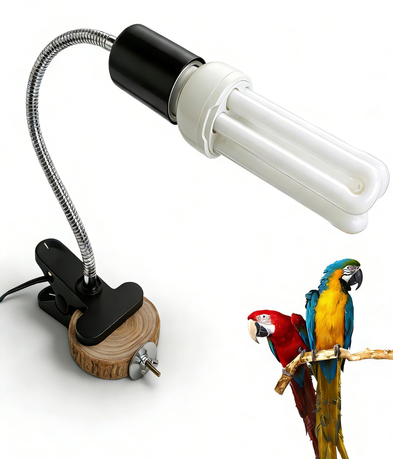 KINGYEENUO Kit Combinado de Lámpara para Jaula de Pájaros, Lámpara con Pinza y Tablero de Madera, Bombilla Fluorescente Compacta 20W 2,4% UVB UVA, E27 Luz UVB para Todo Tipo de Pájaros en Cautiverio