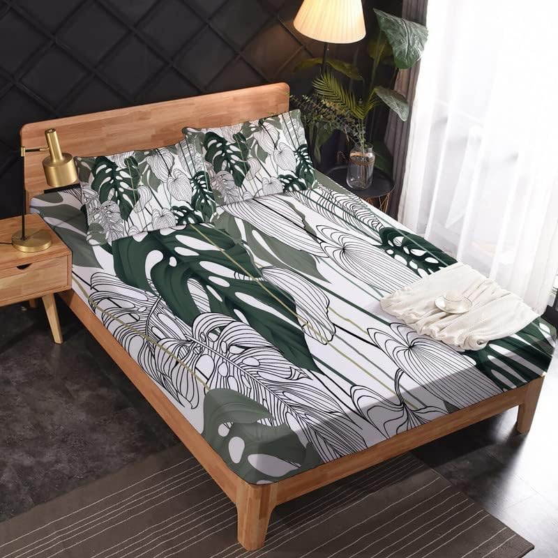 Miniatura 1 de Juego de sábanas de bolsillo profundo tamaño California King con diseño de hojas y fundas de almohada, hechas de material 100% microfibra, incluye 1