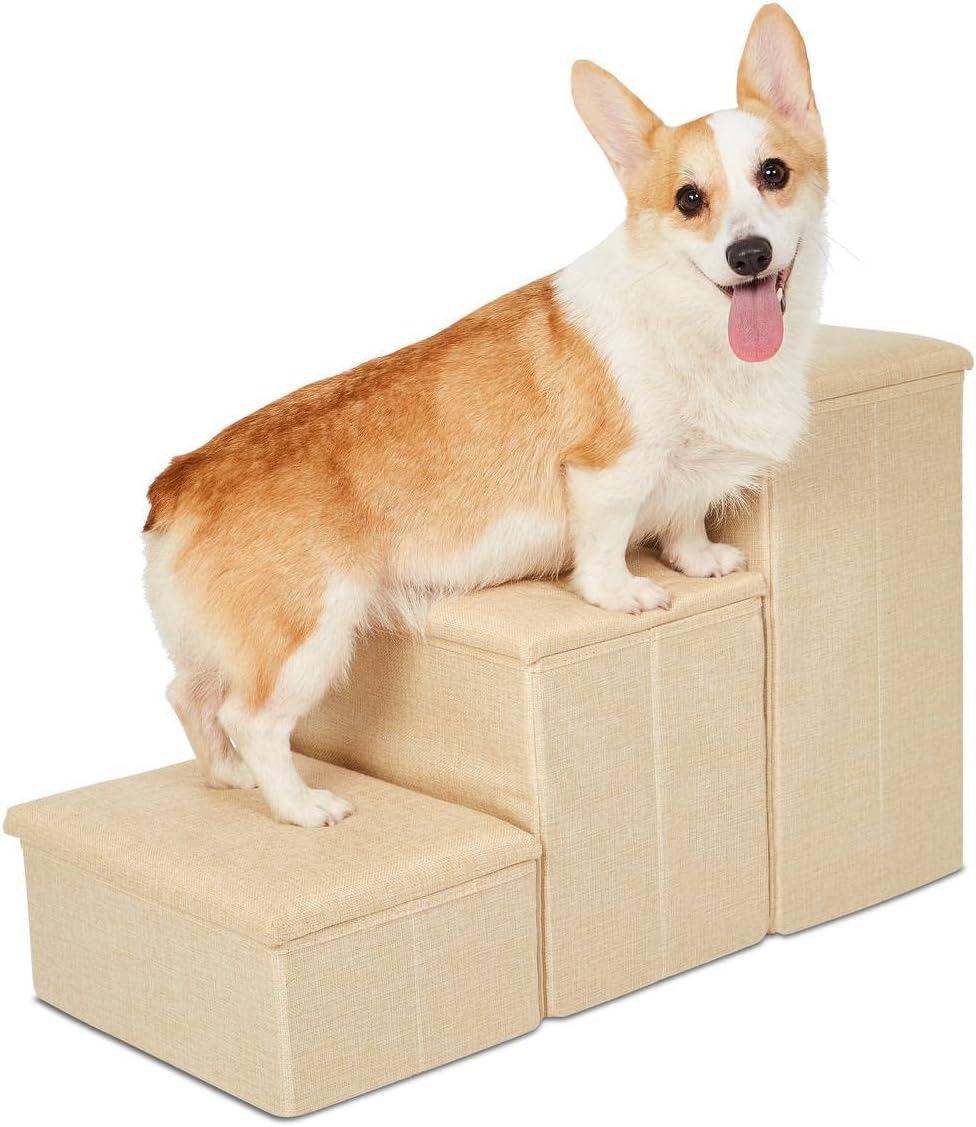 PET AWESOME Dog Stairs with Storage and Adjustable Steps for a Puppy, Small or Medium Dog Solid Beige