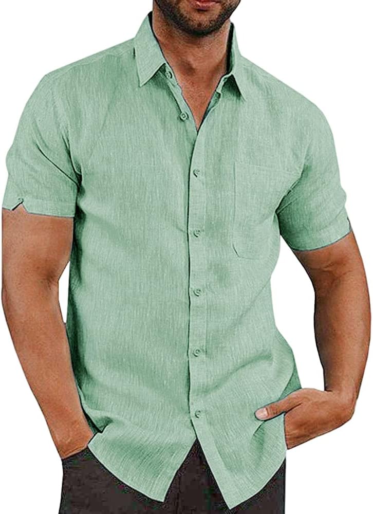 Button down short sleeve linen shirts for men summer casual cotto…