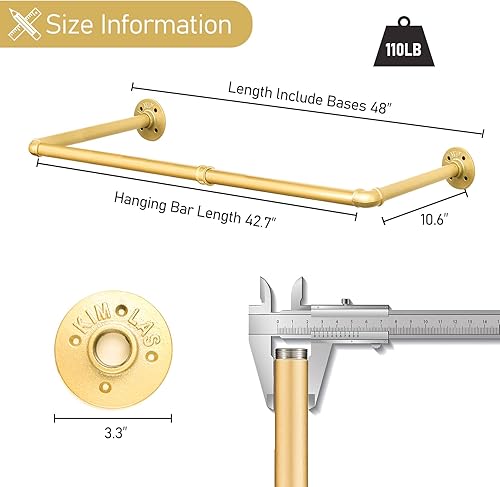 Miniatura 3 de Perchero de pared dorado de 48 pulgadas, barra de ropa industrial de hierro de tubería, barra de ropa desmontable de alta resistencia, poste