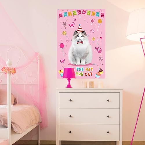 Miniatura 8 de Hxezoc Pin The Hat on The Cat Party Games para niñas, póster grande de juegos de gatos para niños, decoración de fiesta de cumpleaños con temática