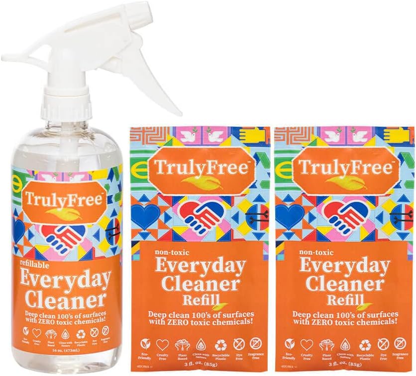 2-Pack Truly Free Everyday Cleaner – All Purpose Cleaner Spray, Natural Health & Household Cleaning Supplies for Most Surfaces – 16-oz Glass Spray Bottle, 2 Refills (3 oz) No Harmful Ingredients