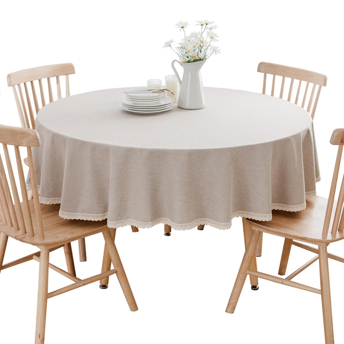 Mantel Redondo de Lino de algodón para mesas de Comedor, mesas de café Lavable a máquina Caqui Diámetro 280 cm