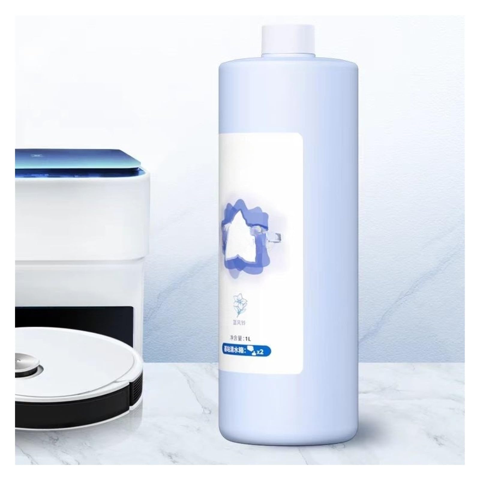 Líquido limpiador de pisos。 Aroma de campanilla de viento azul, 1L (33.8fl oz). Compatible para DEEBOT X2 /X2 OMNI / X2 COMBO。 Soluciones de limpieza de suelos(1L/2pc)