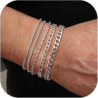 5Pcs Stainless Steel Bracelets for Men Women Gold Silver Cuban Link Rope Figaro Chain Bracelet Set for Men 7.5/8/8.5inch
