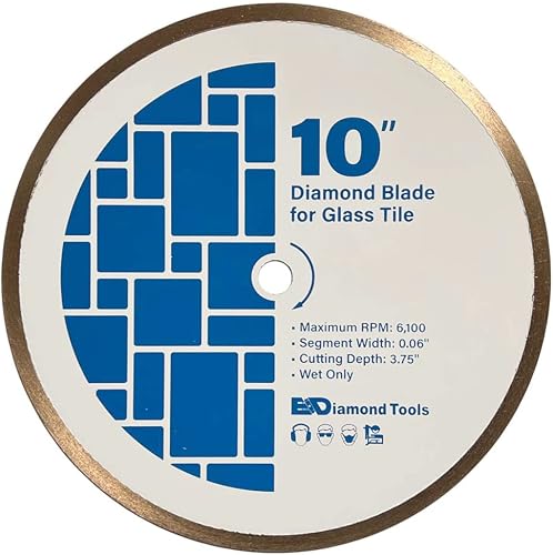 10" Diamond Saw Blades for Glass Tile, 5/8" Arbor | Cutting glass mosaic tile, continuous rim, 0.06" segment width, 10mm segment height
