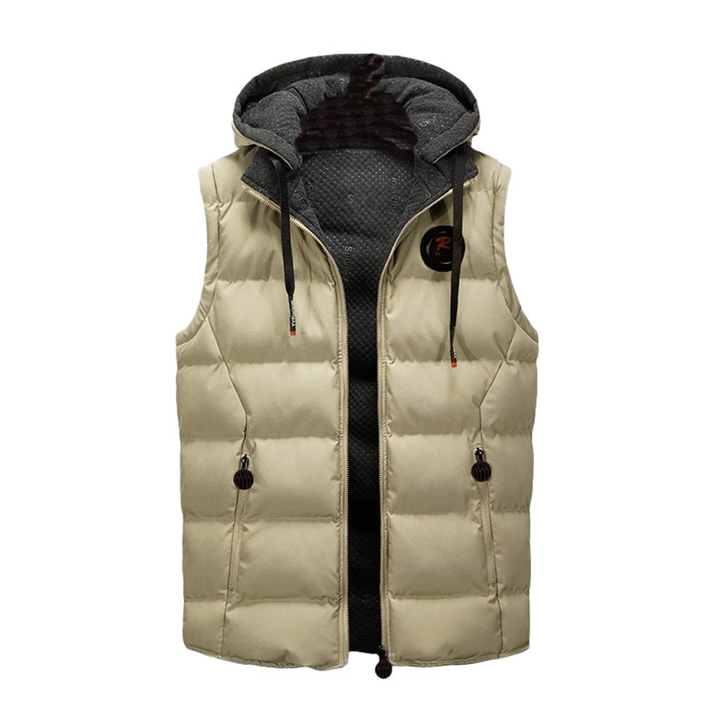 Mens Quilted Gilet Double-Sided Bodywarmer Hooded Vest Sleeveless Jacket with Hood Khaki 2XL