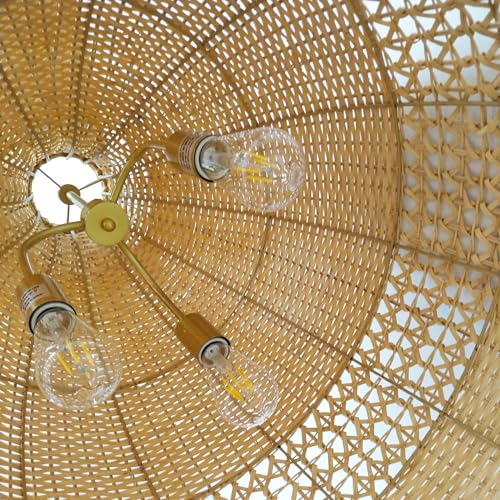 Image of 24 inch Handwoven Rattan Pendant Light - Modern Bohemian Style with Wooden Bead Accents, Perfect for Living Room, Dining Room, Bedroom, and Home Decor (3-Light)