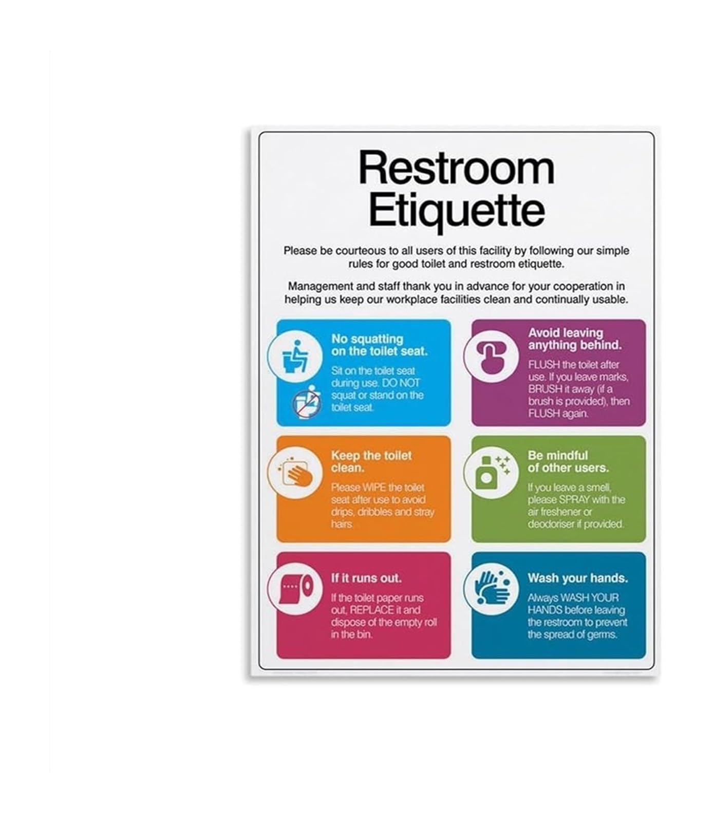 WVPJJNXAFN Restroom Etiquette - Bathroom Rules and Toilet Humor Wall-Art for Office, Workplace, or Home Bathroom(Framed,08x12inch(20x30cm))