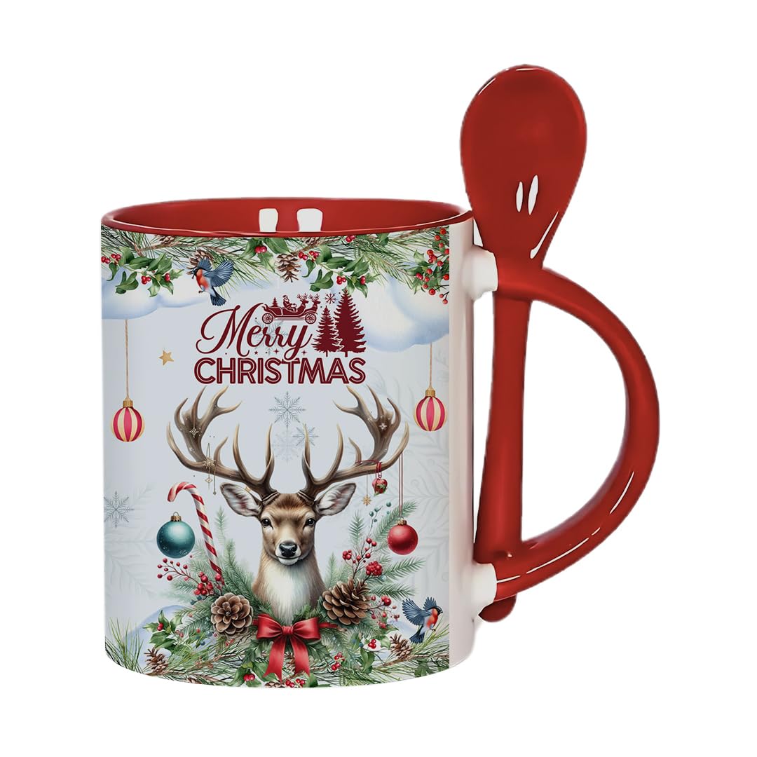 Merry Christmas Reindeer, Winter Snowflake, Festival Holiday, X-mas Gift, 11oz Inside Colour with Spoon Ceramic Coffee Mug. (Red)
