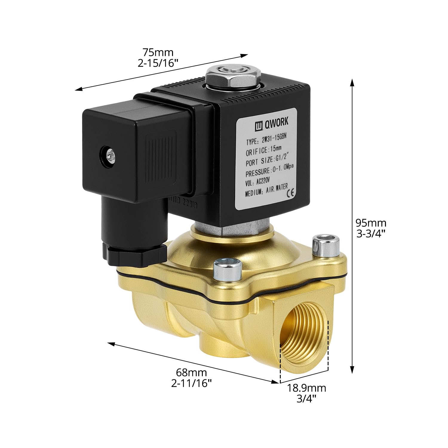 QWORK® Elettrovalvola G1/2" Elettrico in Ottone, 220V AC per Acqua, Aria e Olio"}