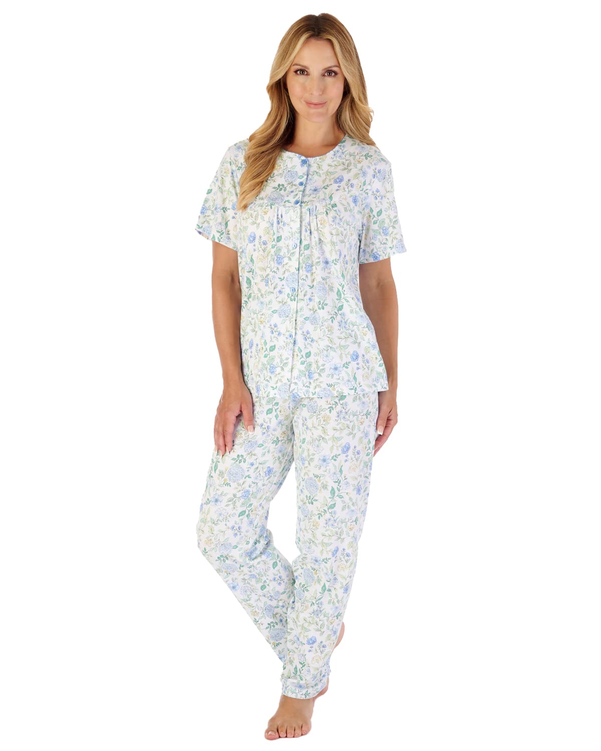 Slenderella Floral Short Sleeve Button Pyjamas PJ03134 Blue 12-14
