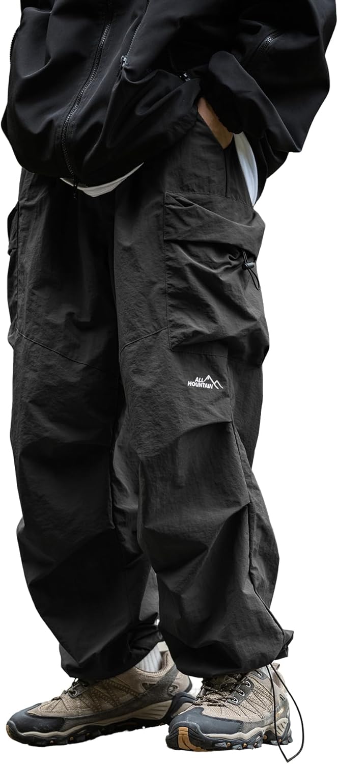 Mens's Baggy Cargo Pants Casual Parachute Pants Loose Fit Hip Hop Harme Lightweight Water Resistant Pants with Pockets