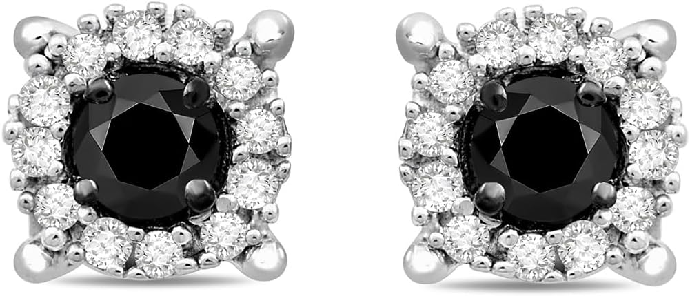 Jewelili Sterling Silver 1/4 Cttw Black or Blue and White Diamond Round Stud Earrings