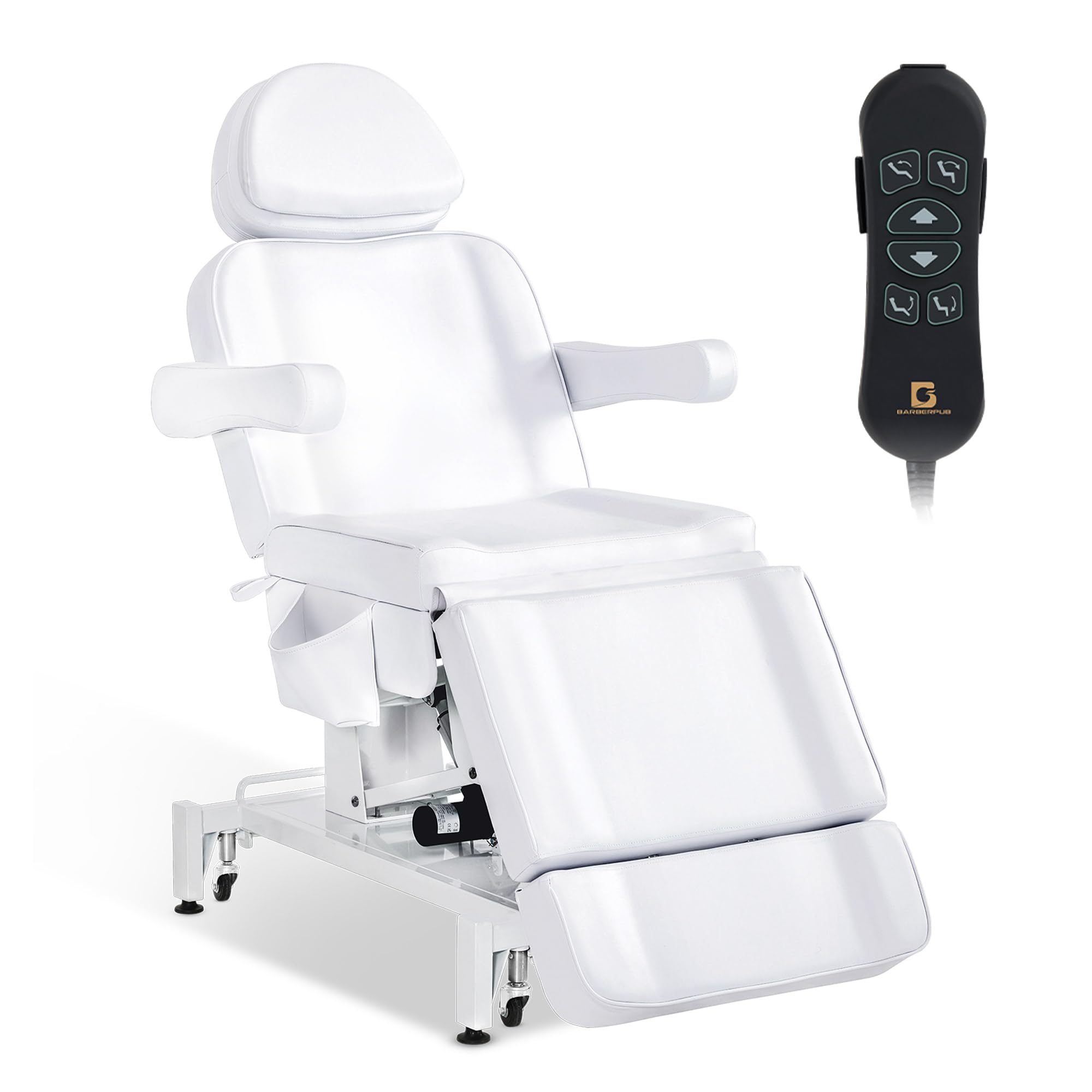 Barberpub Kosmetikliege Elektrisch mit 3 Motoren & Rollen, Massageliege Klappbar & 16CM Höhenverstellbar, 180°Drehbare Armlehnen, Tattoo Liege für SPA Salon 0754 (Weiß/Kunstleder)