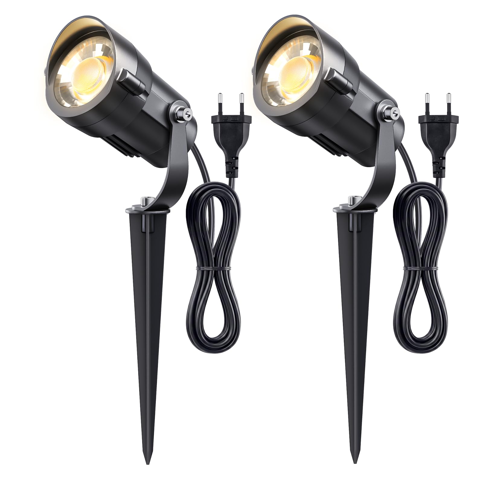 HIBOITEC 2 Stück Gartenbeleuchtung mit 1,5 m Kabel Stecker, 7W 600Lm Gartenstrahler LED außen Wasserdicht, 2700K Warmweiß 270°Schwenkbar LED gartenlampe für Outdoor, Garten, Hof, Pflanzen