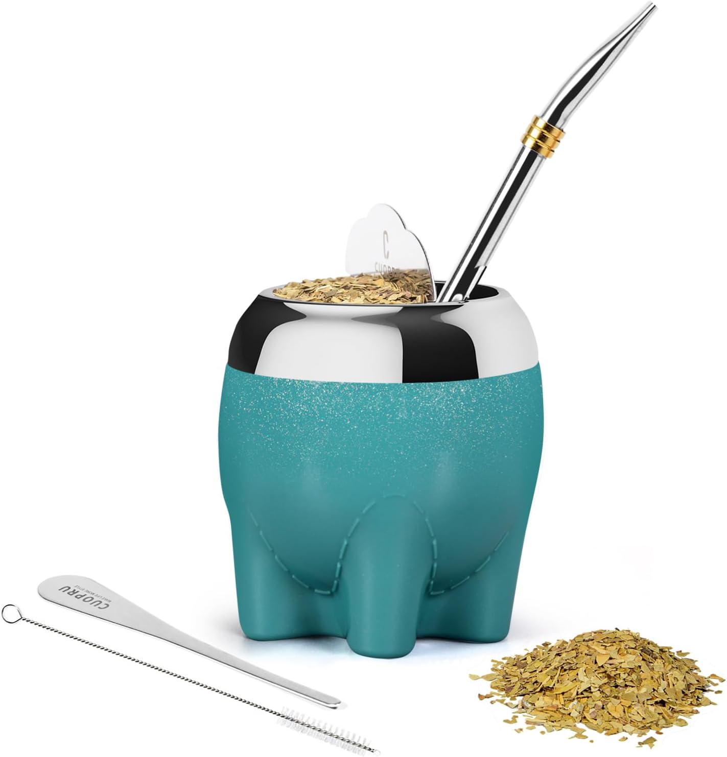 Cuopru Premium Yerba Mate Cup 5 in 1 Set, Including Cute Elephant Style Stainless Steel Gourd, Bombilla Straw and Tea Shaper Set, 5.4oz, Gift for Women Drinking Cup