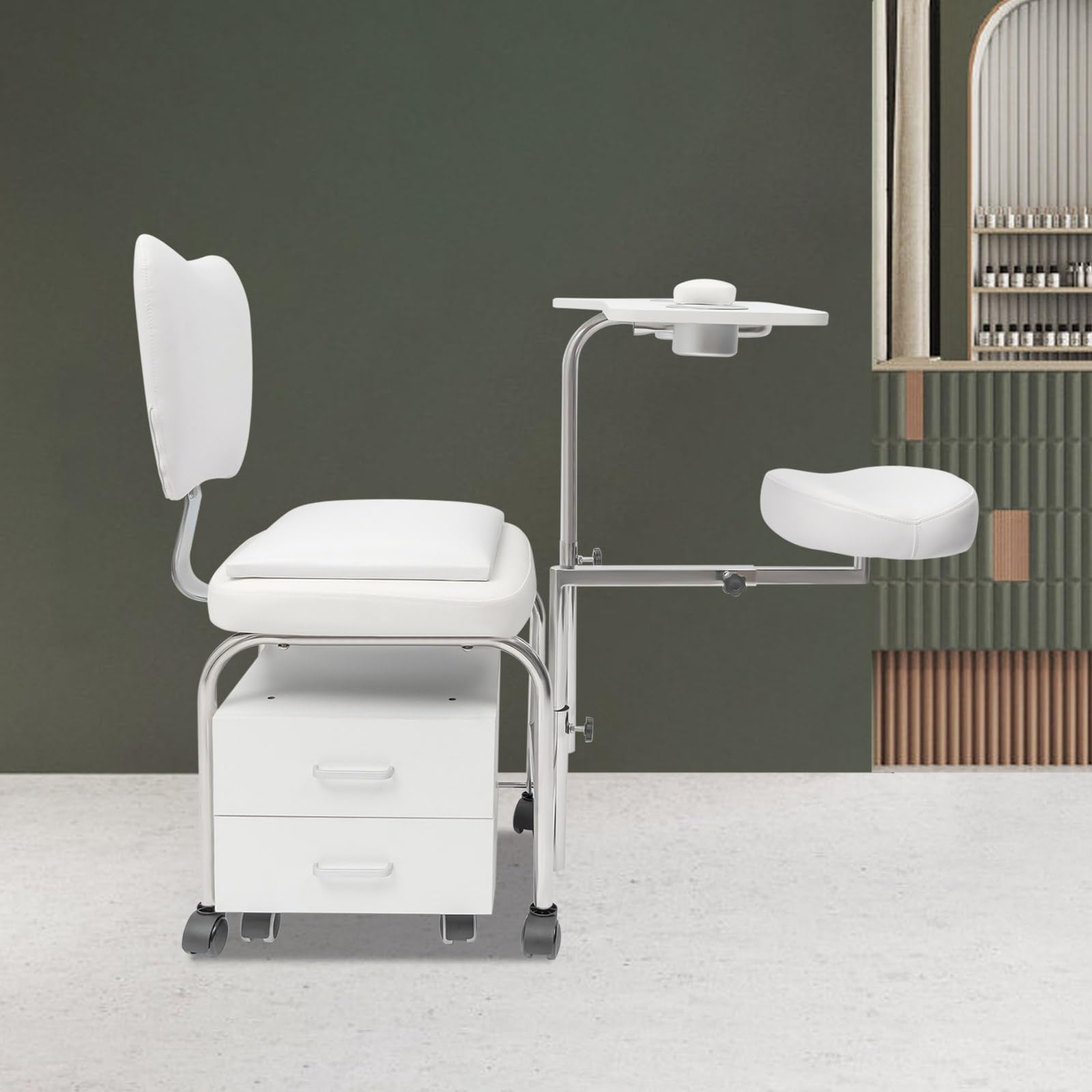 Silla de pedicura y manicura profesional con ruedas giratorias, cajones, ajustable para salones de belleza