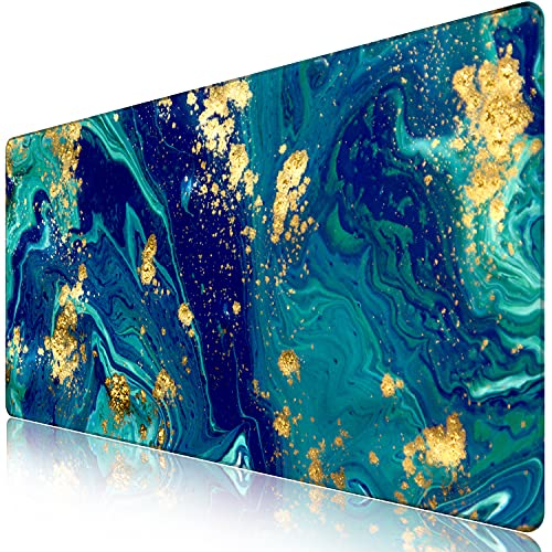 Image of iCasso Extended Gaming Mouse Pad (35.4x15.7 in), Large Non-Slip Rubber Base Mousepad with Stitched Edges, Waterproof Keyboard Mouse Mat Desk Pad for Work, Game, Office, Home - Blue Marble - XXL