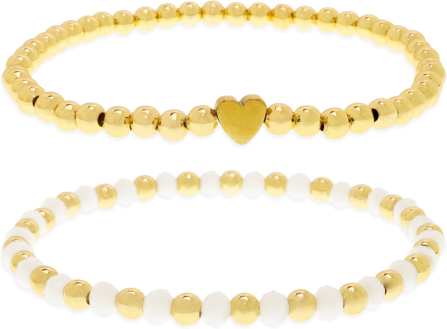 Valentines Heart Gold Beaded Bracelets Set for Women, Trendy Handmade Adjustable Pearl Beads Stackable Stretch Bracelet Everyday Fashion Jewelry Gift.