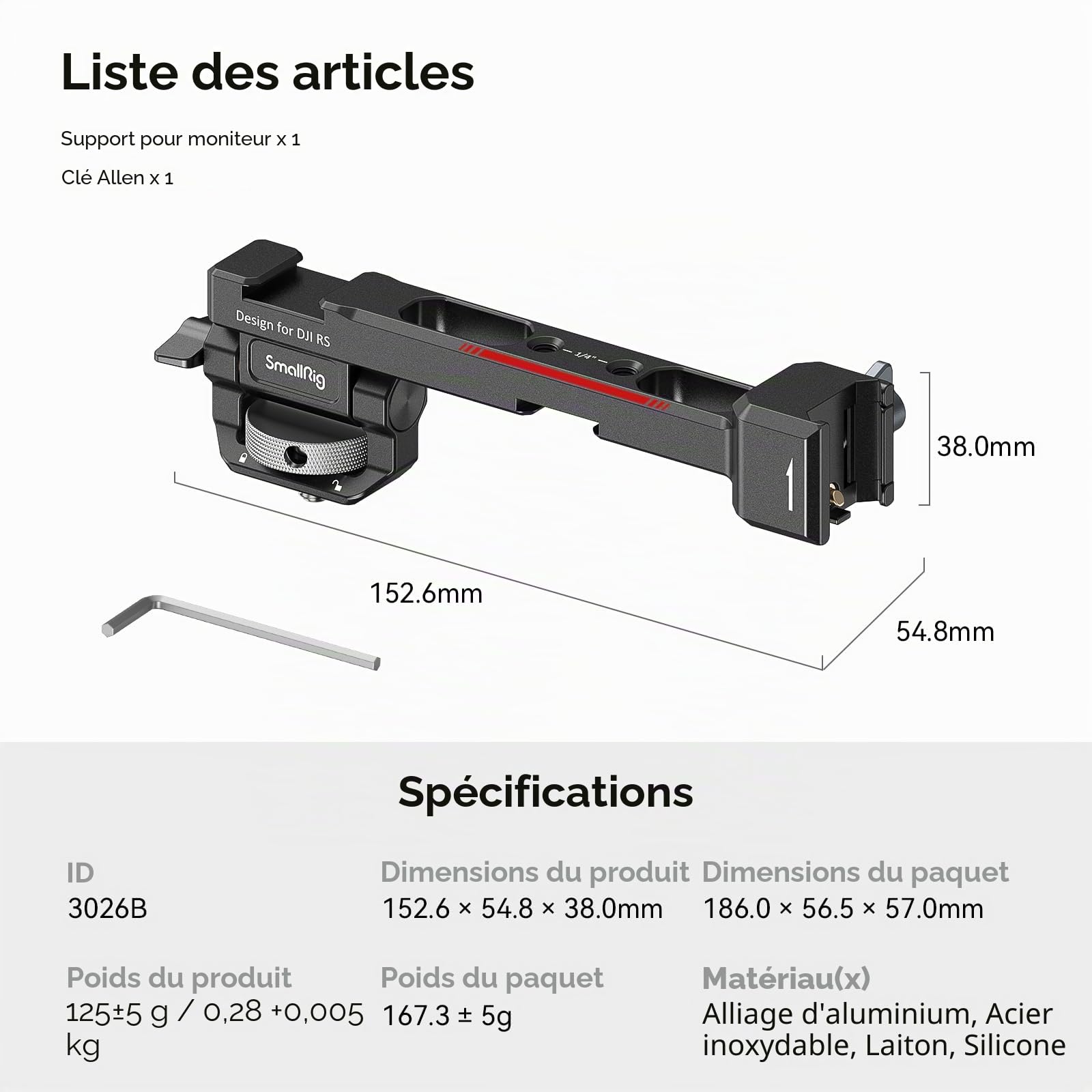 SMALLRIG Support de Moniteur pour DJI RS 2 / RSC 2 / RS 3 / RS 3 Pro/RS 3 Mini/RS 4 / RS 4 Pro/RS 4 Mini/RS 5, avec Pince NATO à Dégagement Rapide, Support de Cold Shoe, Anti-Torsion - 3026B