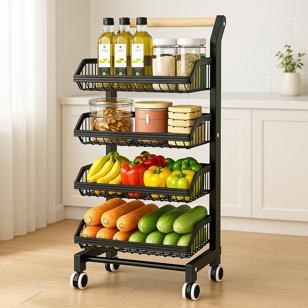 4-Tier Kitchen Utility Cart with Wheels - Versatile Mobile Storage Organizer with Adjustable Baskets for Kitchen, Pantry, Fruits, Vegetables, Snacks