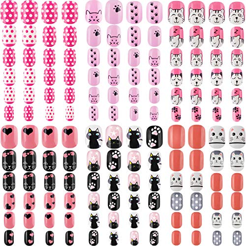 140 Pieces Children Nails Kids False Nails Girls Cartoon Press on Fake Nails Colorful Pre-Glue Full Cover Nails Cute Short Acrylic Artificial Nail Tips Kits for Kids (Cat)