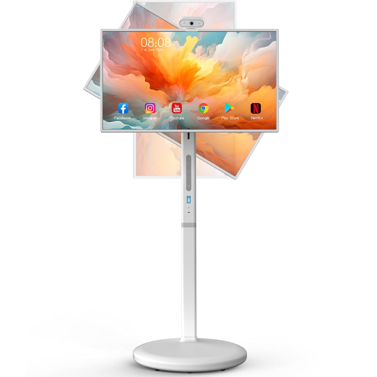 Portable TV 32" 1080P Touch Screen Monitor on Wheels, Android OS 13 Built-in Battery, Built-in Camera, Full Swivel Rotation Rolling Tablet for Kitchen, Bedroom, Outdoors