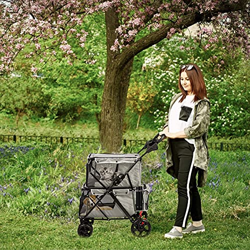 Folding Dog Stroller Travel Cage Stroller for Pet Cat Kitten Puppy Carriages - Large 4 Wheels Elite Jogger - Single or Multiple Pets (Gray - 2 cage)