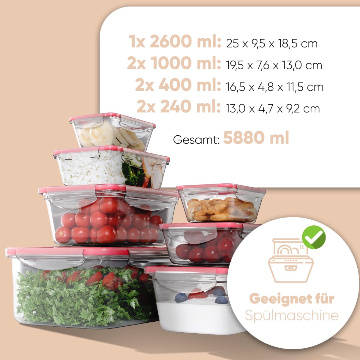 Set of 7 Plastic Food Storage Containers with Lids, 100% Leak-Proof, Meal Prep Boxes with Lid, Storage Containers Suitable for Dishwasher, Microwave and Freezer C-FHD 4008 K