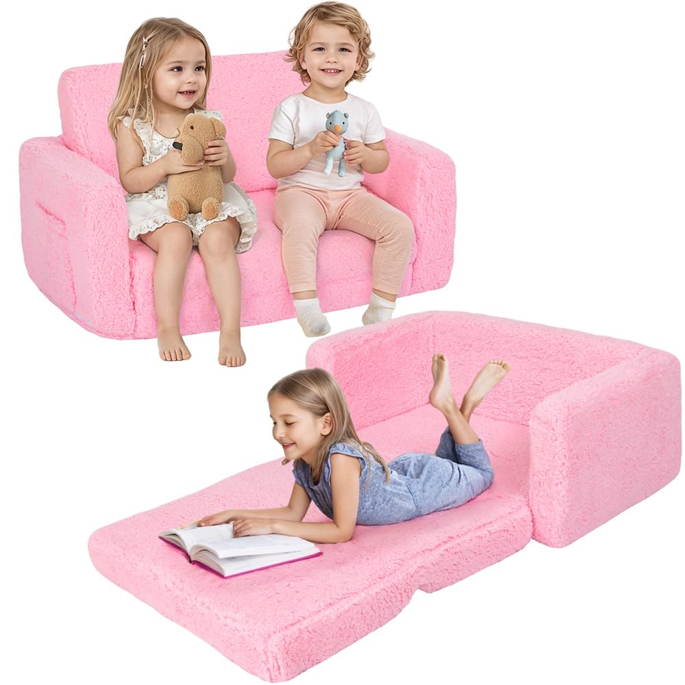 BEJOY Kinderslaapbank, 2-in-1, Knuffelige Sherpa Peuterbank, Converteerbare Bank naar Ligstoel, Kinderslaapbank, Kinderdag- en Verjaardagscadeau voor Meisjes, Jongens, Roze
